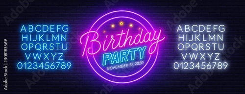 Neon sign birthday party on brick wall background. Invitation to the celebration. Template for design with fonts.