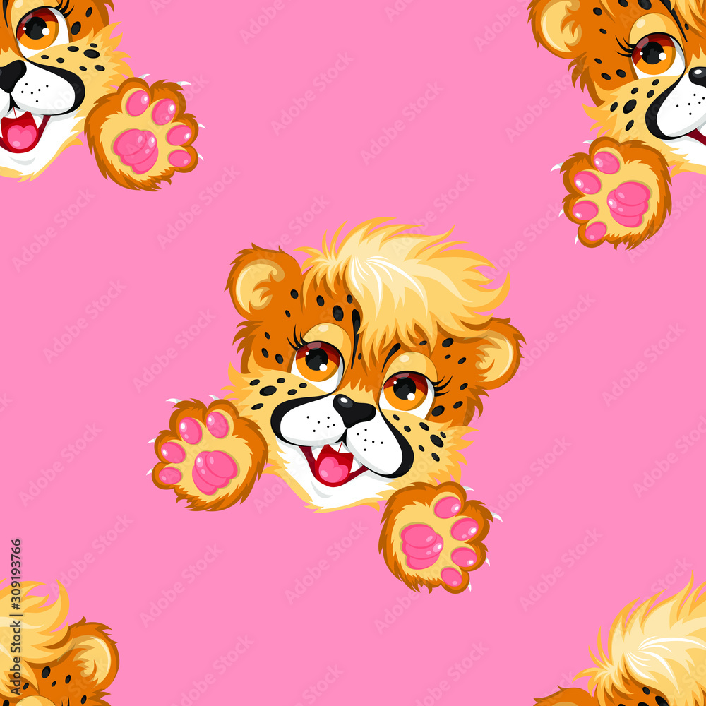 Vector semless pattern with cute face and paws of cheetah child on pink. Nice, pretty design for childish textile, clothes, wallpaper. Furry art.