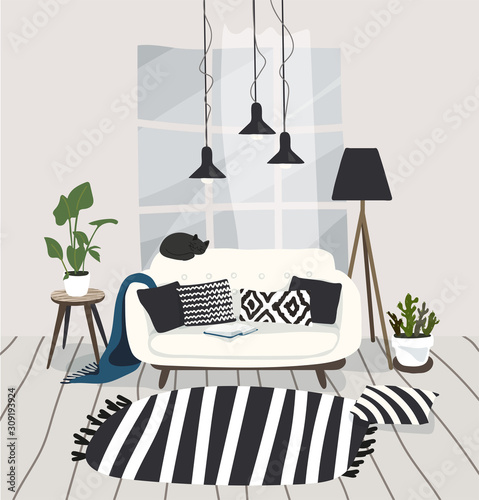 Beautiful apartment with a sofa, window and plants. A living room in a trendy Scandinavian hugge style. Modern light design of the house. Cartoon vector illustration