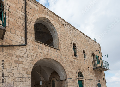 The outer wall of the mosque located on the territory of the grave of the prophet Samuel on Mount of Joy near Jerusalem in Israel
