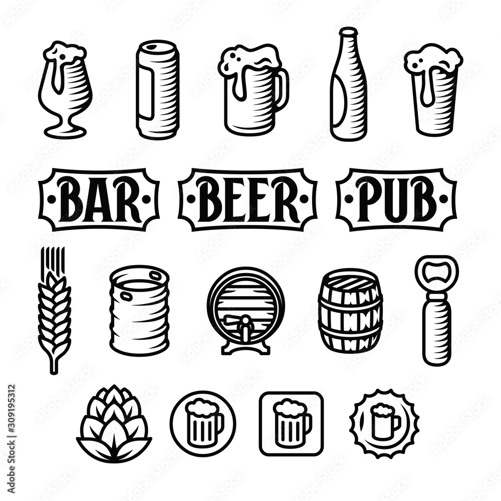 Beer icon set. Engraved style beer illustrations. - obrazy, fototapety, plakaty 