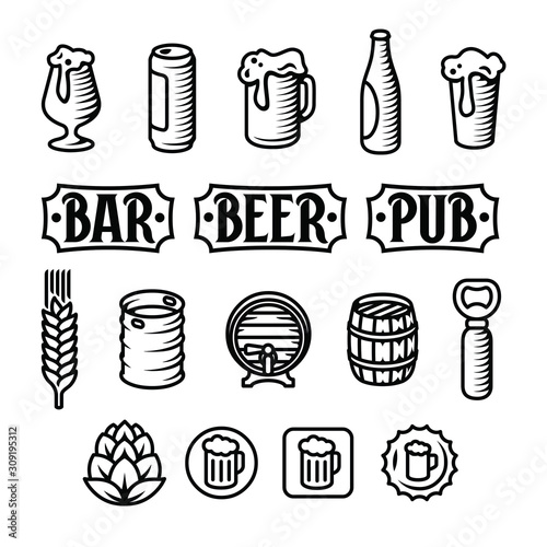 Beer icon set. Engraved style beer illustrations.