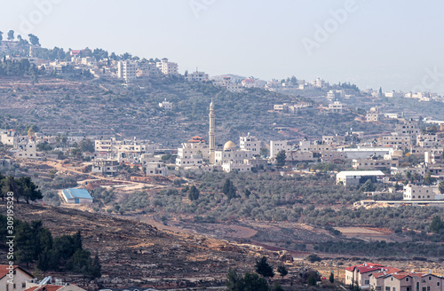 View from the roof of a mosque standing on the tomb of the prophet Samuel on Mount Joy, on the nearby arab villages