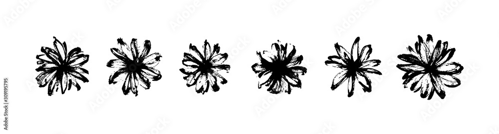 Vector set of hand drawn abstract modern flowers painted by ink. Grunge style brush painting vector blossom silhouettes. Black isolated imprint on white background