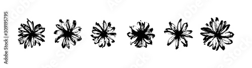 Vector set of hand drawn abstract modern flowers painted by ink. Grunge style brush painting vector blossom silhouettes. Black isolated imprint on white background