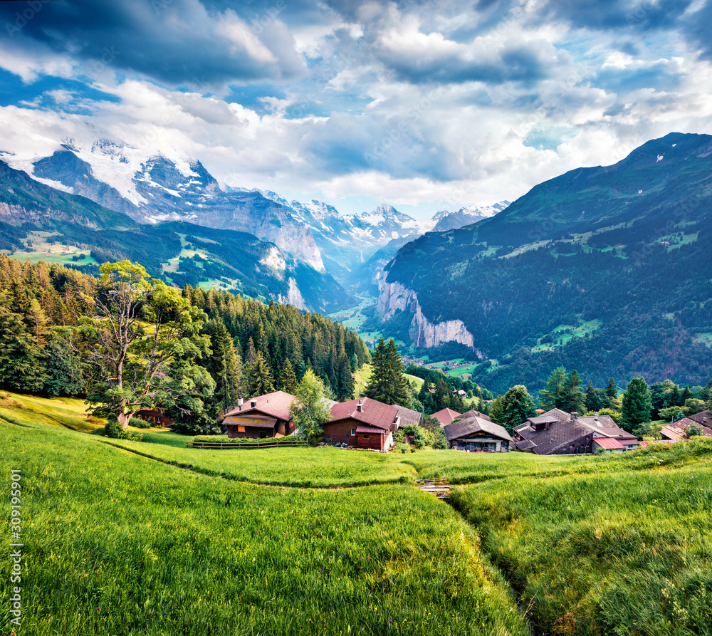 Amazing summer view of Wengen village. Green morning scene of countryside in Swiss Alps, Bernese Oberland in the canton of Bern, Switzerland, Europe. Beauty of nature concept background.