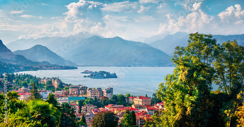 Aerial morning cityscape of Stresa town. Amazing summer view of Maggiore lake, Province of Verbano-Cusio-Ossola, Italy, Europe. Traveling concept background. photo