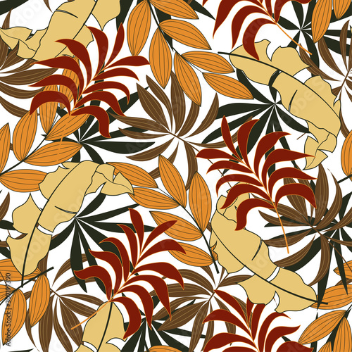 Original seamless tropical pattern with bright yellow and red plants and leaves on a light background. Summer colorful hawaiian seamless pattern with tropical plants.