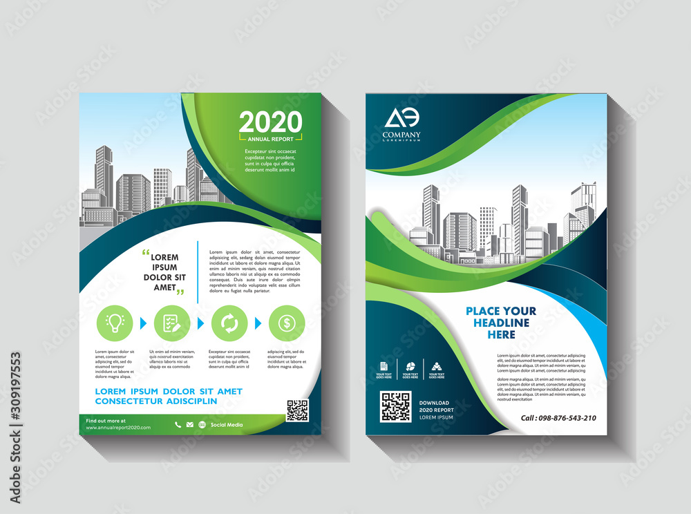 Vector Business brochure, flyers design template, company profile, magazine, poster, annual report, book & booklet cover, with green wavy line, and cityscape vector in background elements, size a4.