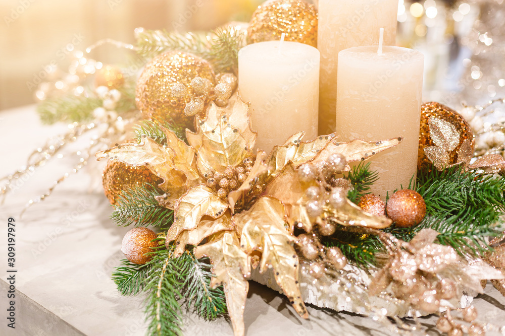 Christmas decoration with candles over gold background Stock Photo | Adobe  Stock