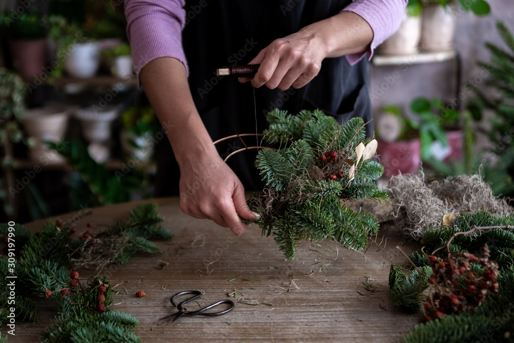 Fototapeta premium Woman making Christmas wreath of spruce, step by step. Concept of florist's work before the Christmas holidays..