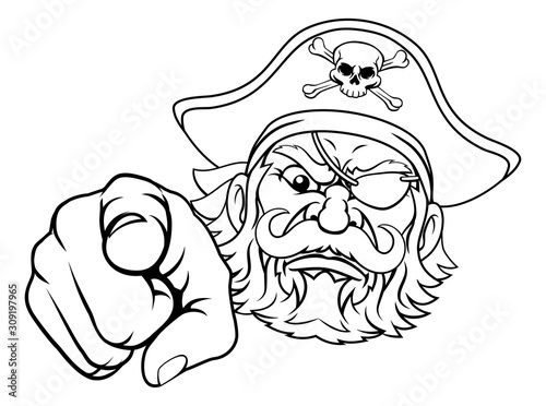A pirate cartoon character captain mascot face and pointing hand with skull and crossed bones on his tricorne hat