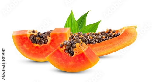ripe papaya fruit with seeds isolated on white background
