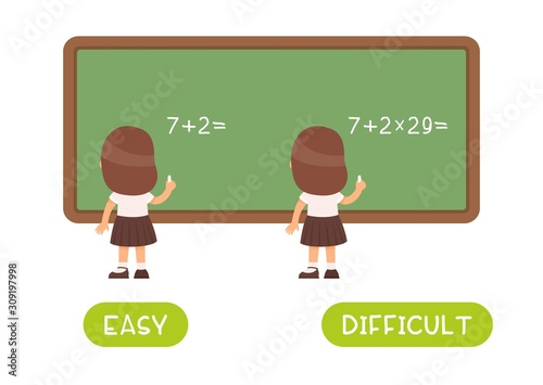 Word card with little schoolgirl vector template. Flash card for foreign language with pupil in class. Opposites concept, easy and difficult. Kid doing math sums flat illustration with typography