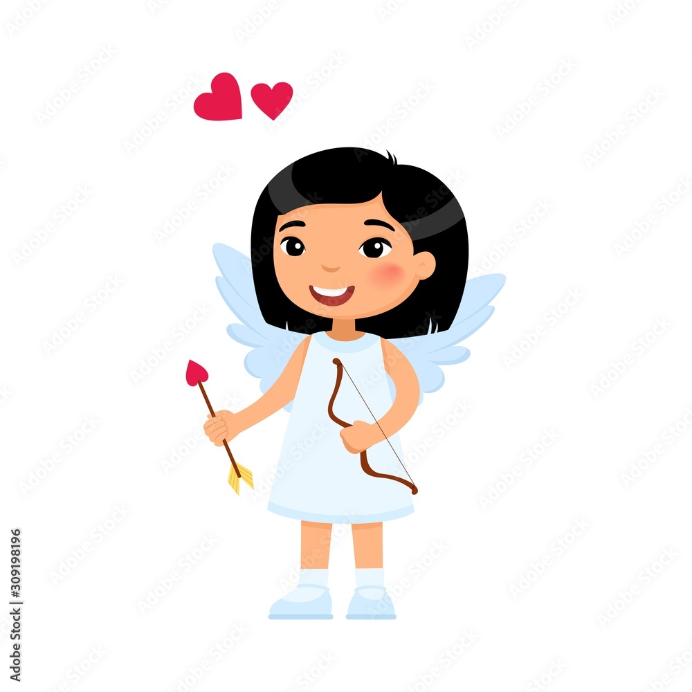Little smiling female cupid flat vector illustration. Valentines Day celebration symbol. Child with wings holding arrows and bow character. February 14 holiday. Cute angel isolated design element