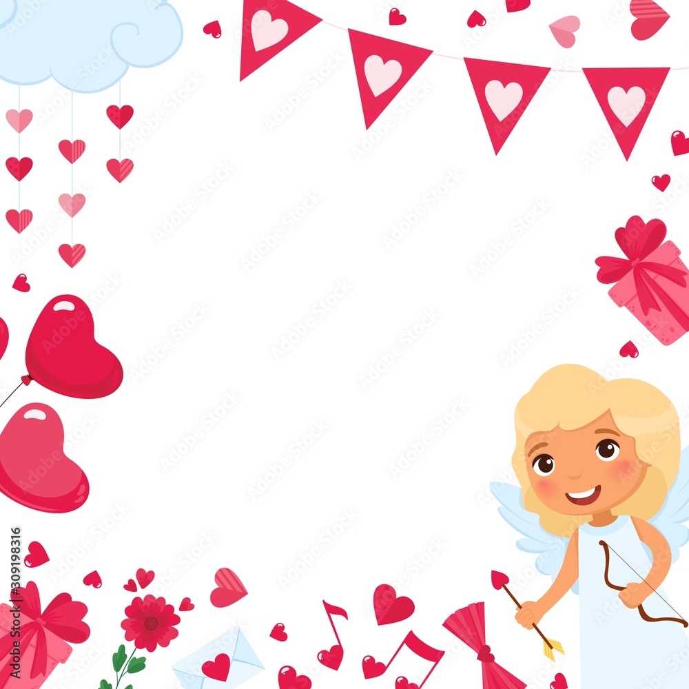 Valentines Day festive romantic square frame vector template. Pink hearts, presents and balloons accessories flat blank border. February 14 holiday greeting card design. Cupid with arrow character