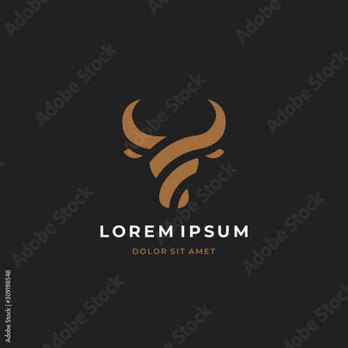 Bull head logo. Abstract stylized cow or bull head with horns icon. Premium logo for steak house, meat restaurant or butchery. Taurus symbol. Vector illustration.