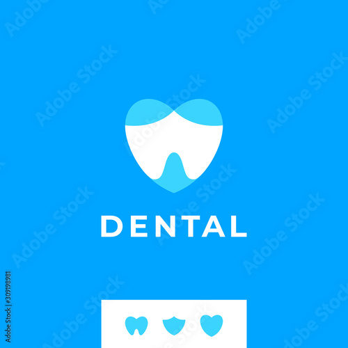 Modern minimal dentist logo design. Abstract shield heart tooth care icon logotype. Dental clinic vector sign mark icon.