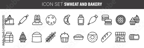 Wheat and bakery line icons set. Included the icons as bread, donut, baguette, macaroon, pie, and more.