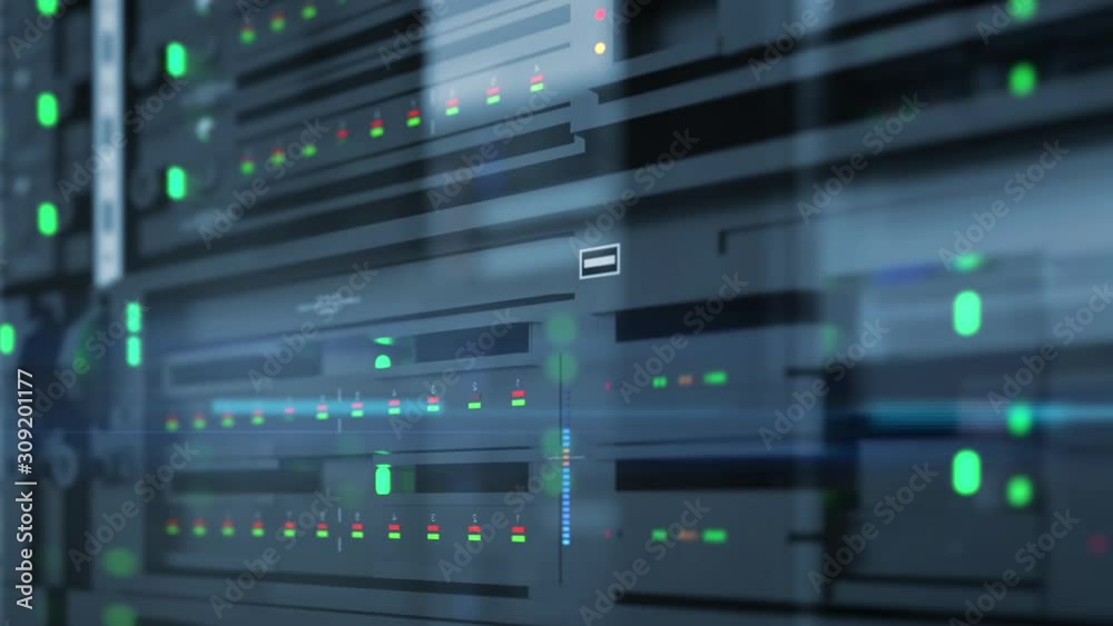 Slow tracking shot of server units in cloud service data center showing flickering light indicators for massive data connection bandwidth, close up shot.