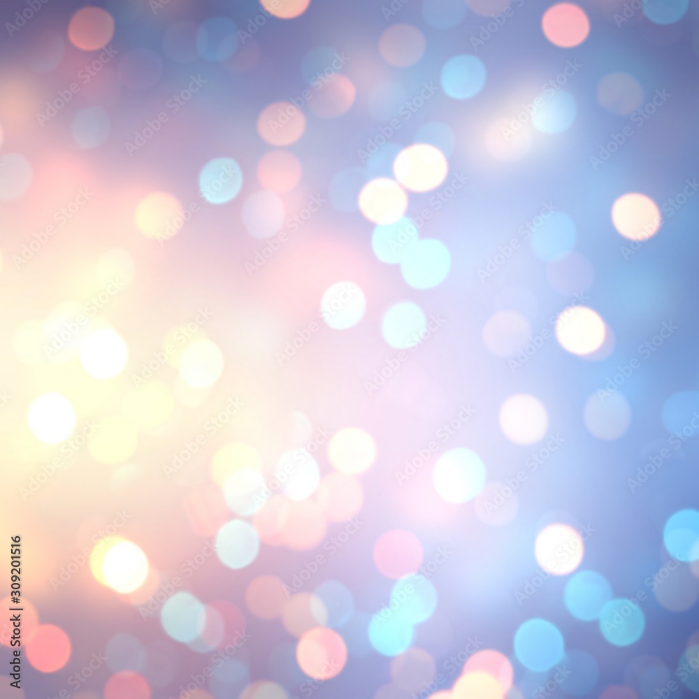 Fantasy bokeh empty background. Miracle glitter defocus template. Magical iridscent abstract illustration. Delicate pink blue lilac yellow sparkles blurry texture.