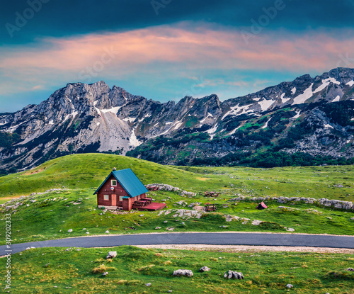 Impressive summer sunrise on Sedlo pass. Splendid morning scene of Durmitor National Prk, Montenegro, Europe. Beautiful world of Mediterranean countries. Traveling concept background.