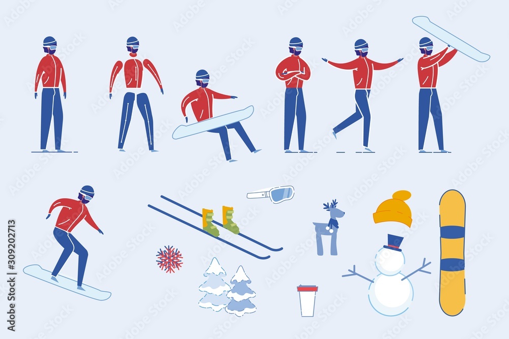 Winter Sportsman Male with Skii and Snowboard Set. Winter Sportsman Male with Skii and Snowboard Set.