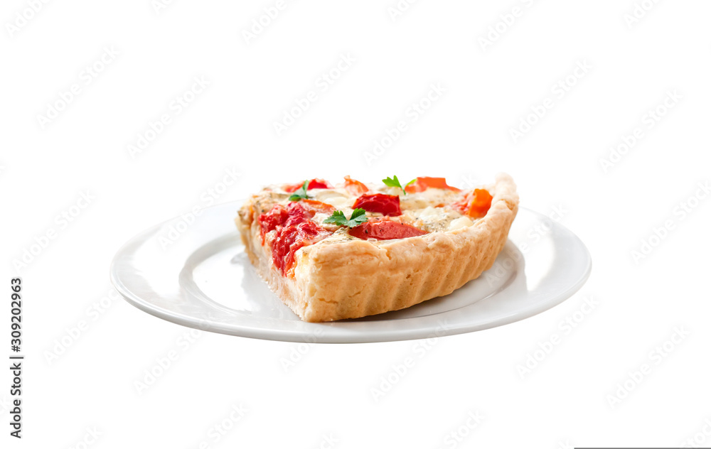 Tart with salted sheep cheese and tomatoes on a plate isolated on white background with clipping path Tart with salted sheep cheese and tomatoes on a plate isolated on white background with clipping path