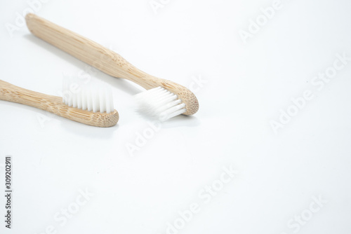 Zero waste plastic free  Natural eco bamboo toothbrush on white background.concept sustainable lifestyle or Recycling and ecology