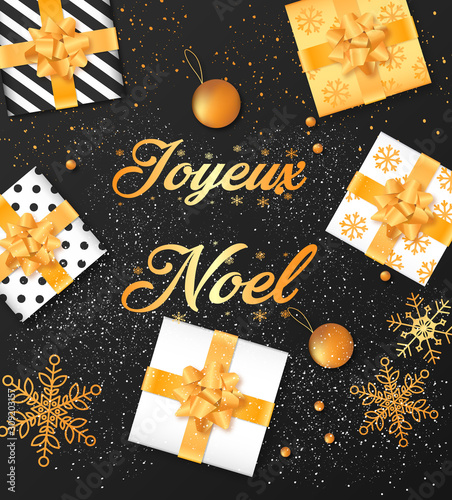 Bannière ou carte Dorée avec losange sur fond noir joyeux noël – cadeaux – boules – flocons – paillettes