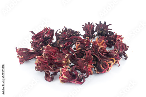 Dried Herbs Red Rosella, Jamaican Sorel, Roselle, Rozelle, Sorrel, Red Sorrel, Kharkade, Karkade, Vinuela, (Cabitutu Hibiscus sabdariffa Linn.) isolated on white background.Herbs anti-oxidan