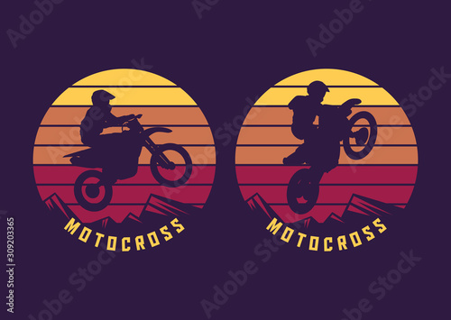 Motocross jump silhouette with sunset background vintage retro illustration