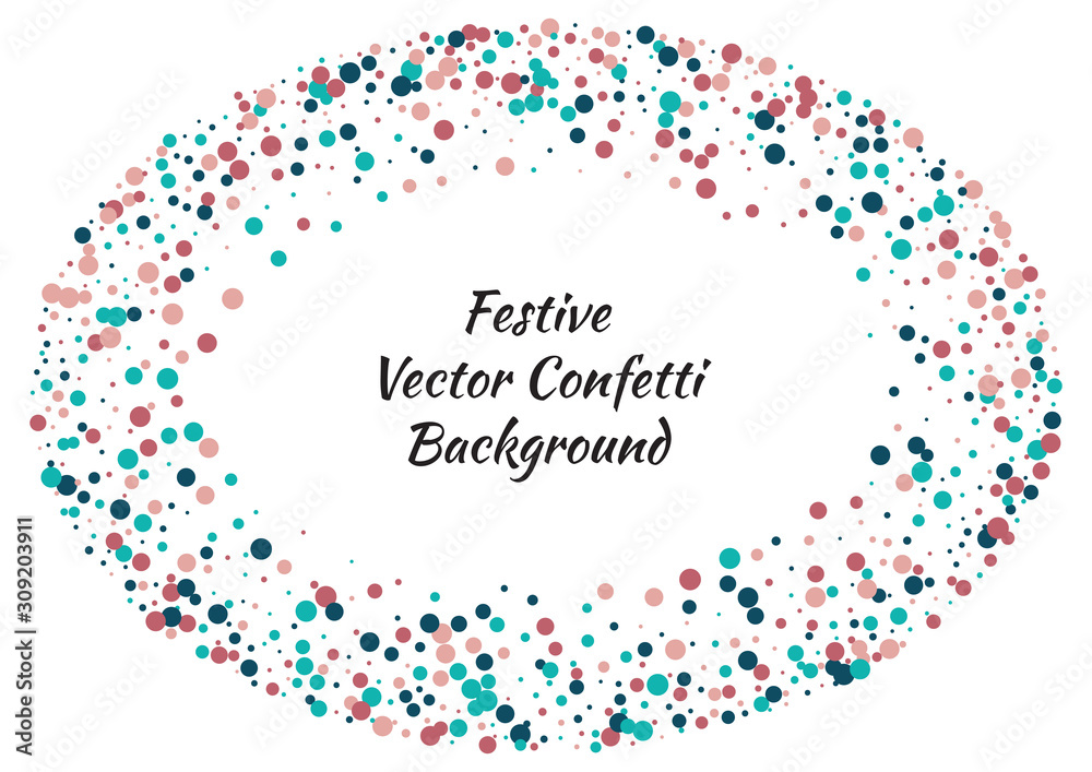 Festive color round confetti background. Abstract frame confetti texture for holiday, postcard, poster, website, carnivals, birthday and children's parties. Cover confetti mock-up. Wedding card layout