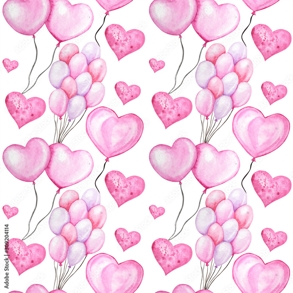 Seamless pattern Watercolor heart balloon, love Greeting card concept. Wedding, Valentine's Day banner, poster design. Hand drawn red pink hearts on white background. Balloons texture for scrapbooking