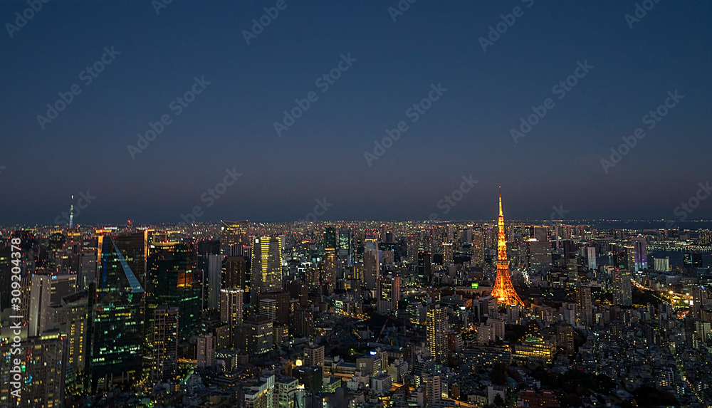 Fototapeta premium Tokyo aerial view cityscape with Tokyo Tower, Japan Tokyo tower and city skyline in sunset background view. Tokyo city skyline at twilight