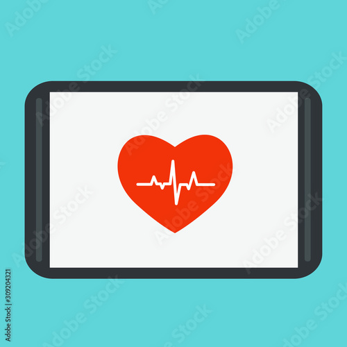 Heartbeat line on the tablet. Cardiogram. Electrocardiogram. Heart pulse monitor with signal. Vector illustration 