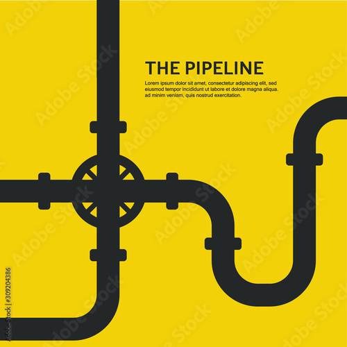  Industrial background with yellow pipeline. Oil, water or gas pipeline with fittings and valves. Vector illustration in a flat style.