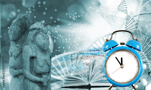image of dna chain on biotechnological background and a clock with particles decaying on one side.3 d illustration