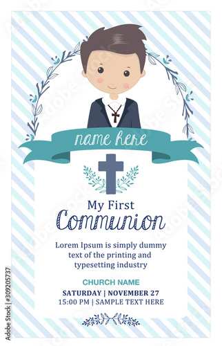 First communion boy. Child with communion dress and flower frame, in green and blue tones