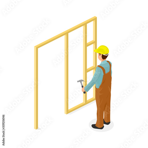 Isometric Carpentry Construction Contractor Carpenter - Icon Vector Illustration.