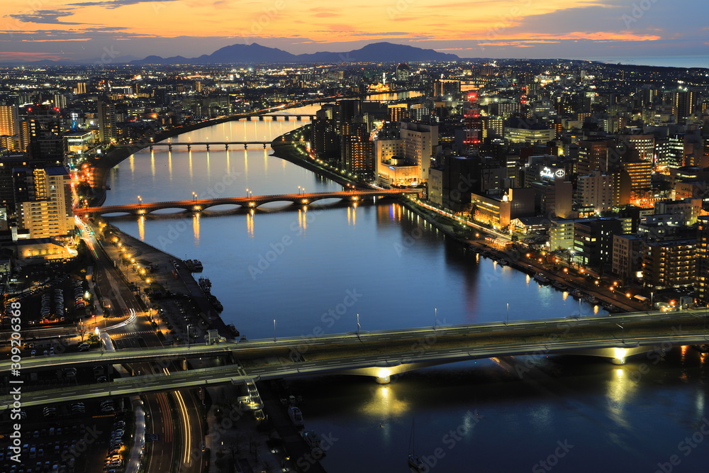 Aerial view of Niigata in dusk, Japan Aerial view of Niigata in dusk, Japan