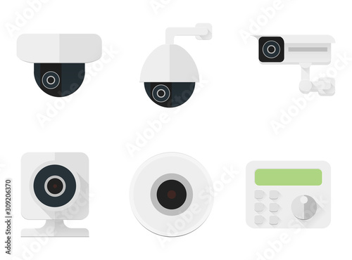 Security camera icons set. CCTV flat color simbols for a security and shops. Vector stock illustration
