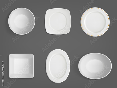 Empty white bowls top view. Realistic vector mockup of square, round and oval shape plates and dish with golden border. Set of porcelain crockery isolated on gray background