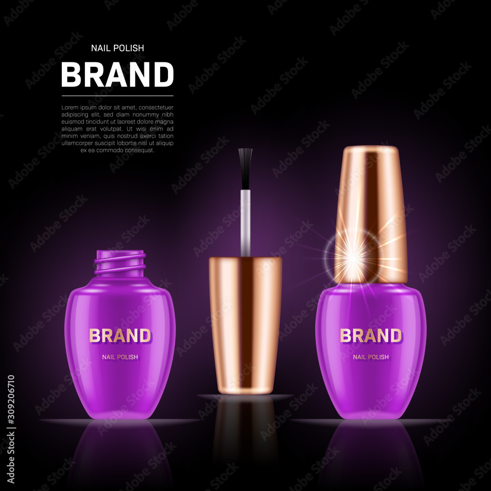 Realistic nail polish bottles with golden lids on black background. Cosmetic brand advertising concept design