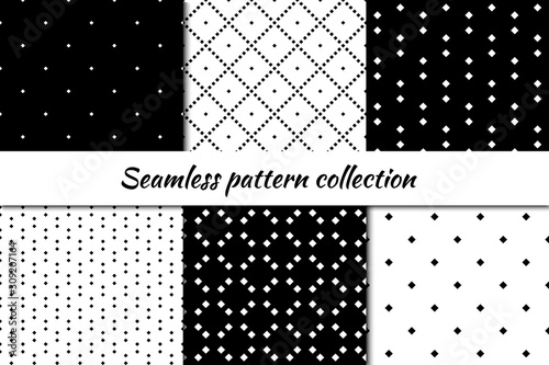 Seamless pattern collection. Geometrical design backgrounds set. Repeated rhombuses, diamonds, squares motif. Geo print