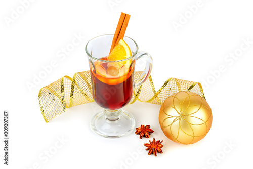 Mulled wine with orange, cinnamon sticks, anise isolated on white background.