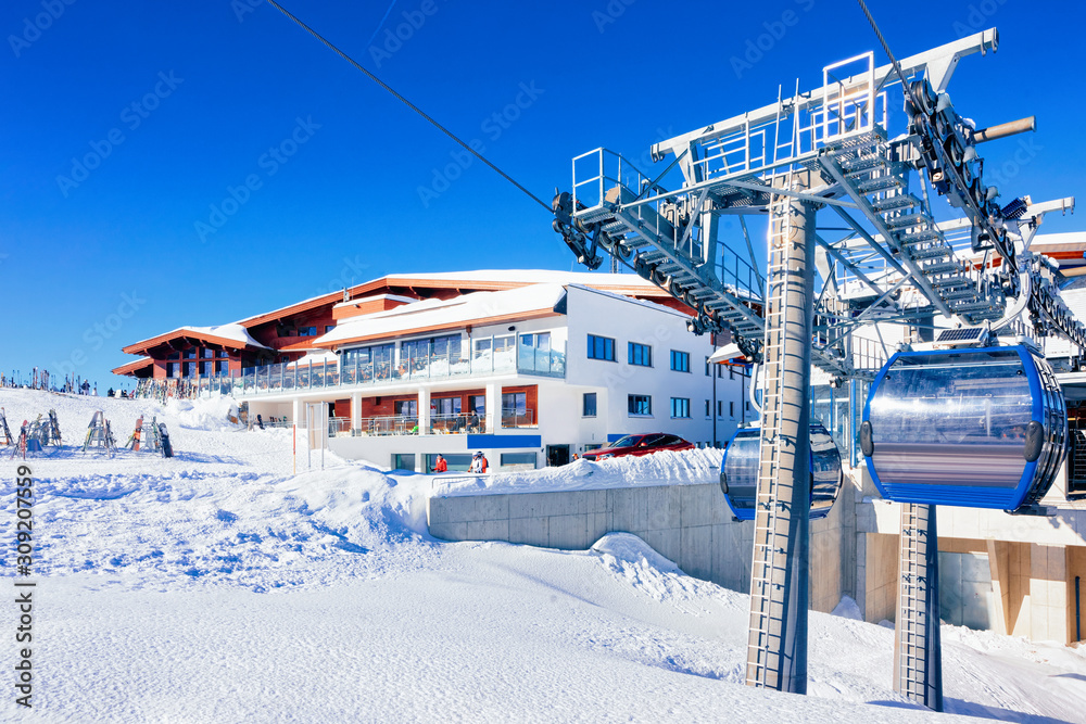 Cable cars at restaurant chalet in Hintertux Glacier in Austria Cable cars at restaurant chalet in Hintertux Glacier in Austria