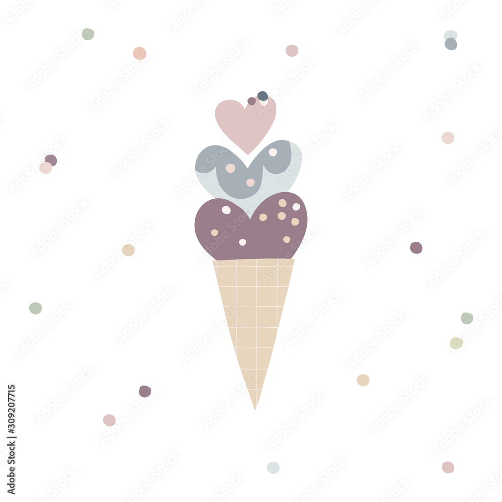 Cute hearty ice cream vector illustration. Doodle yummy gelato simple composition. Cartoon dessert drawing on dotty background. Heart ice cream in waffle cone nursery poster. Cute hearty ice cream vector illustration. Doodle yummy gelato simple composition. Cartoon dessert drawing on dotty background. Heart ice cream in waffle cone nursery poster.