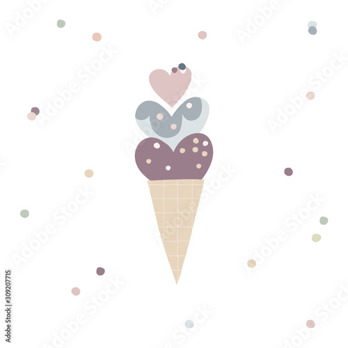 Cute hearty ice cream vector illustration. Doodle yummy gelato simple composition. Cartoon dessert drawing on dotty background. Heart ice cream in waffle cone nursery poster.