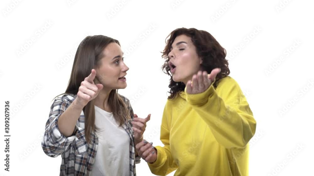 Two women trying prove their point each other, having argument, gossiping or complaining, pointing camera as accusing, blaming someone or talking about product, having intense conversation Two women trying prove their point each other, having argument, gossiping or complaining, pointing camera as accusing, blaming someone or talking about product, having intense conversation
